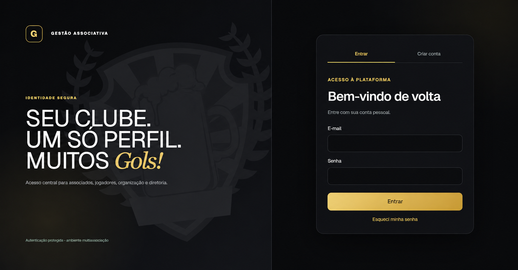 Tela de acesso da A.C.C Gestão Associativa, com apresentação institucional e formulário de login