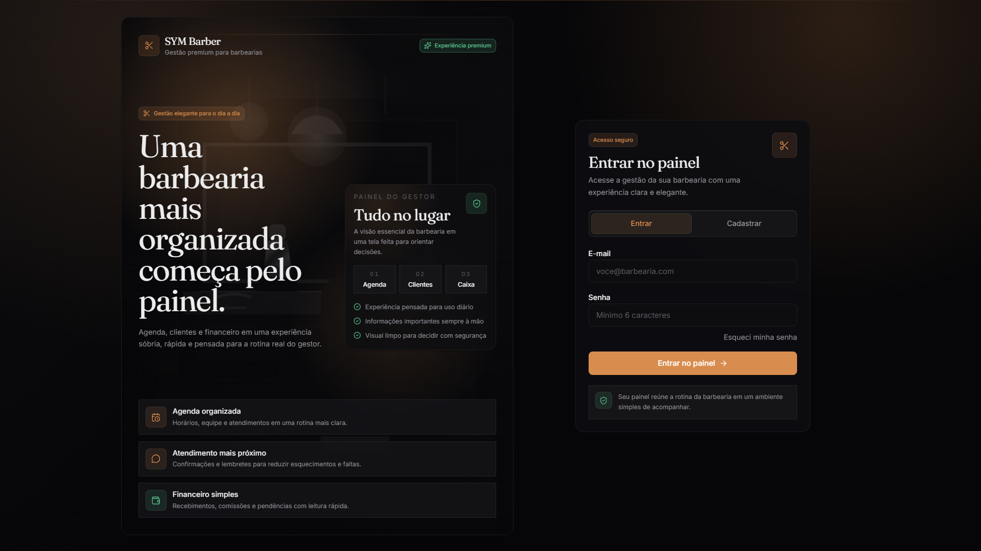 Tela inicial do SYM Barber, com apresentação do sistema e formulário de acesso ao painel